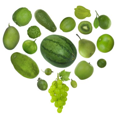 Beyaz arka planda izole edilmiş çeşitli tropikal meyvelerin yakın çekimi