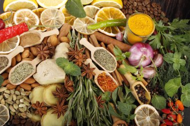 Çeşitli sebze ve baharat deseni closeup 