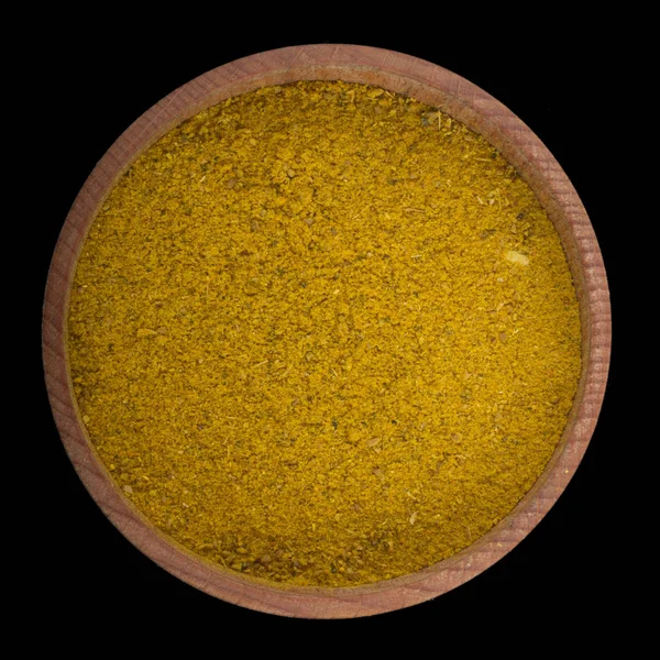 Closeup Wooden Bowl Spices Black Background — Stock Photo, Image