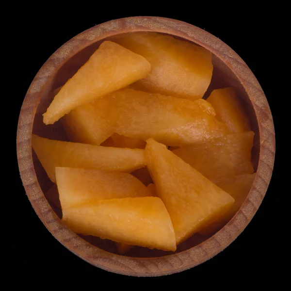 Nahaufnahme Von Hölzernen Schüssel Mit Aufgeschnittenen Süßen Melonen Lebensmittel Hintergrund — Stockfoto