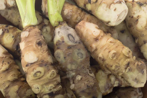 Primer Plano Las Raíces Rábano Picante Fondo Alimentario — Foto de Stock