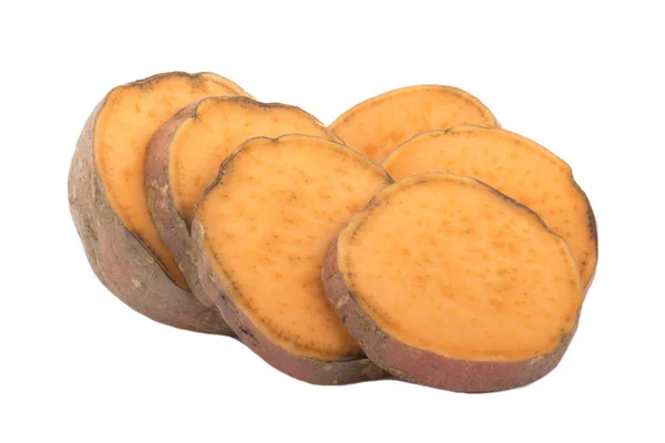 Batata Doce Fatiada Isolada Fundo Branco — Fotografia de Stock