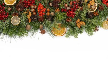 Çam dalları, meyve ve baharat yapılmış Advent kompozisyon.