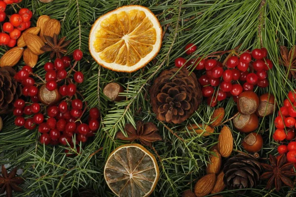 Advent Composition Made Fir Branches Fruits Spices — Stock Photo, Image