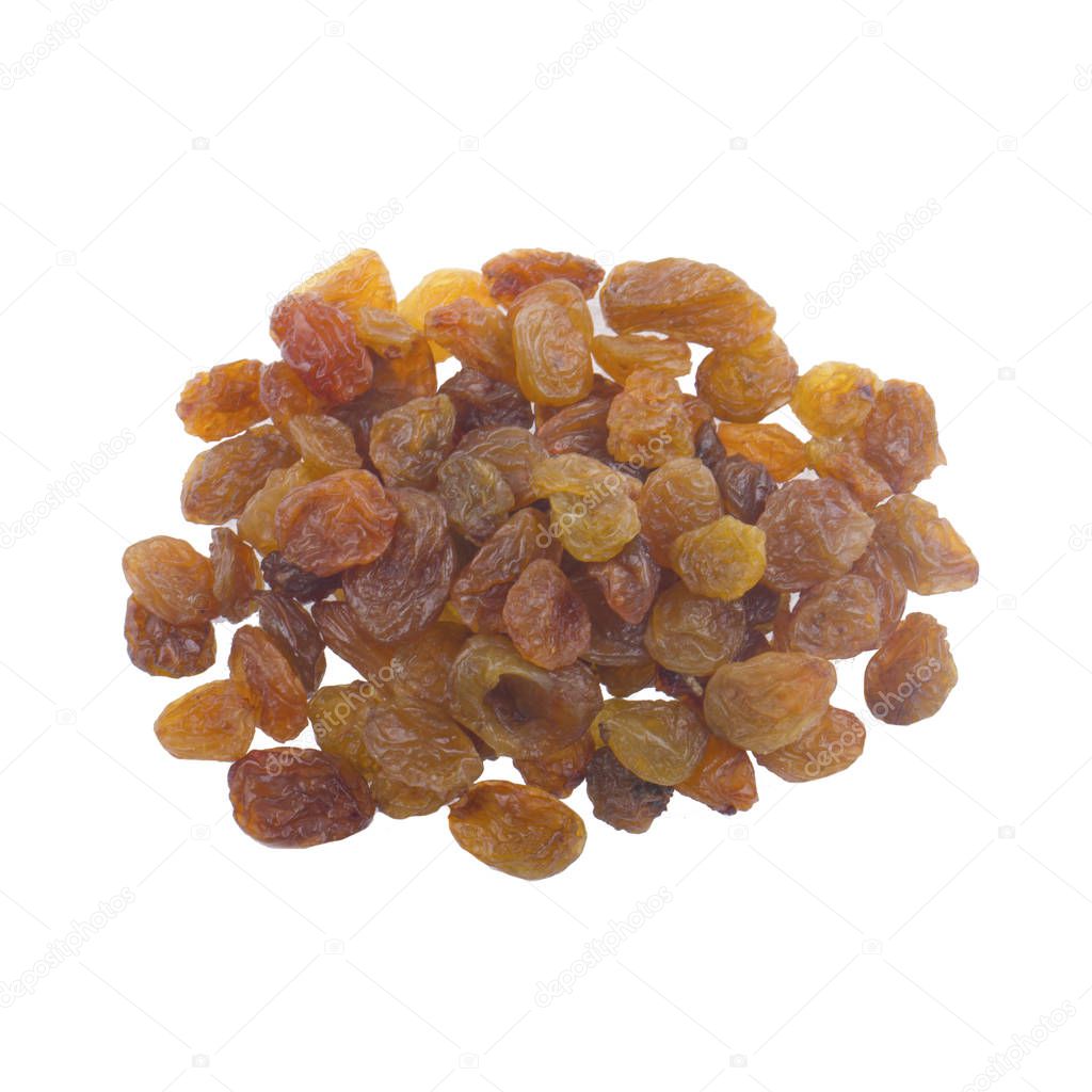 heap of dried yellow grapes isolated