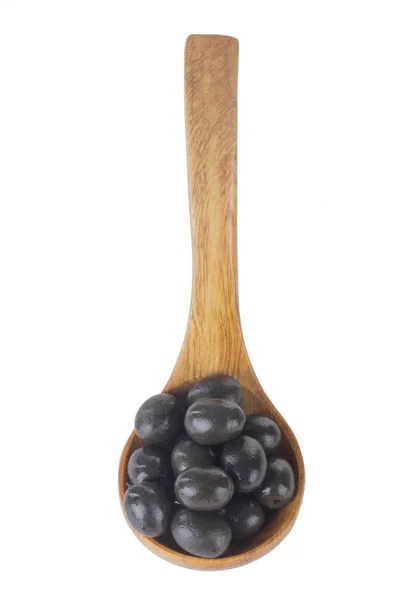 Olive Mature Cucchiaio Legno Vista Vicino — Foto Stock