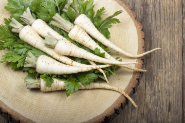 ahşap yüzeyüzerinde yaprakları ile maydanoz kökleri