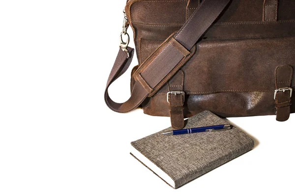 Ledertasche Und Notizbuch Wirtschaft Und Finanzen Vorbereitung Auf Die Straße — Stockfoto