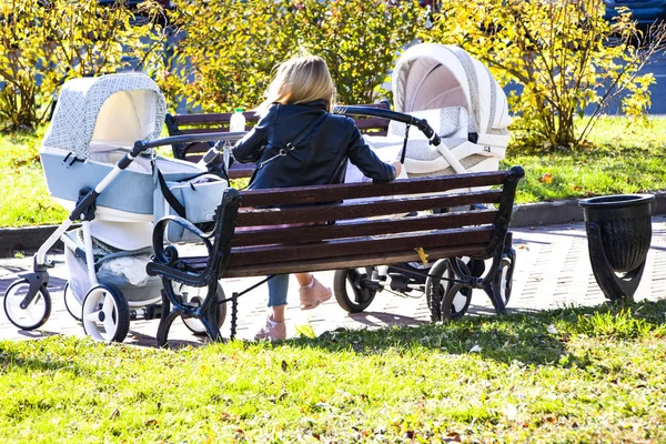 Mutter Mit Kinderwagen Einfamilienhaus Park Babys Kinderwagen Frische Luft Der — Stockfoto