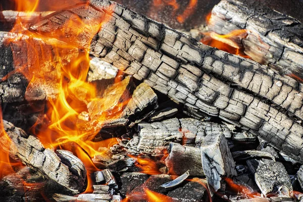 Burning Firewood Coals Grill Close Macro Shooting Burning Fire Grilling — Stock Photo, Image
