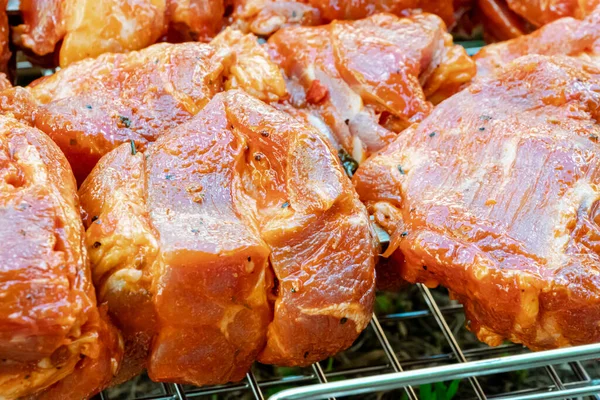 Carne Marinada Fresca Suculenta Grelha Cozinhar Comida Sobre Uma Fogueira — Fotografia de Stock