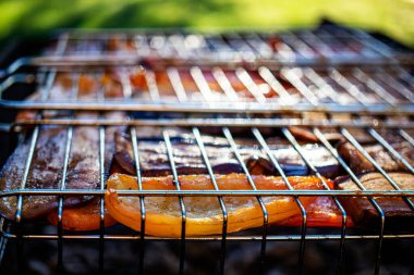 Izgarada sebze pişirmek. Kömür patlıcan ve dolma biber. Sağlıklı beslenme. Yakın plan..