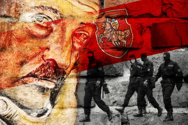 Beyaz kırmızı beyaz bayrak, eski bir tuğla duvarın arka planında arma arması olan. Arka planda, Lukashenko 'nun portresi ve çevik kuvvet polisi tugayı var. Tasarım kavramı.