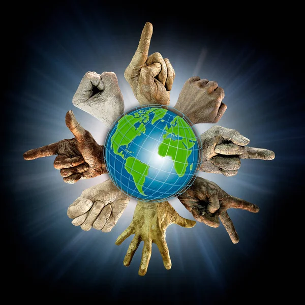 Maapallo Ympäröivät Kädet Eri Kansallisuuksia Käsi Eleitä Ekologia Protesti Planeettojen — kuvapankkivalokuva