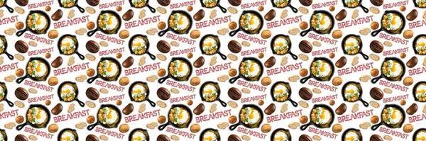 无缝图案煎蛋在一个煎锅里 不同类型的面包 美味而丰盛的早餐 白色孤立的背景 印刷和设计的概念 — 图库照片