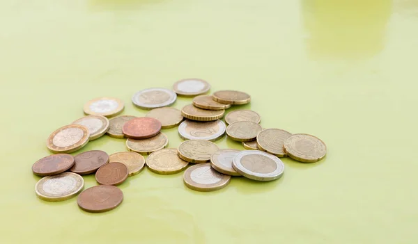 Random Amount Euro Coins Green Table — Stock Photo, Image