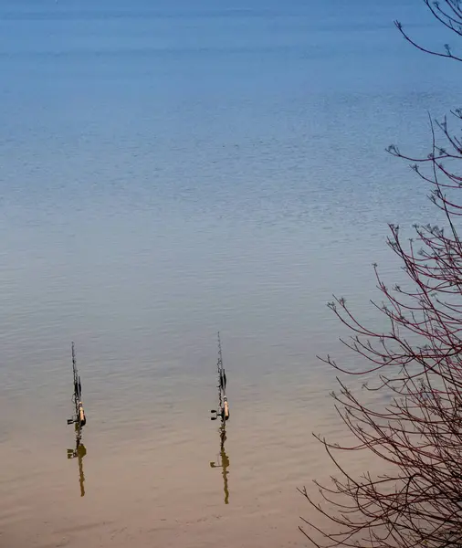 Zwei Angelruten Ufer Eines Sees — Stockfoto