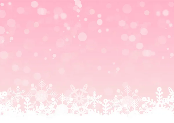 Winter background with snowflakes. White snow flakes on bottom side with bokeh on pink color background — Stockfoto