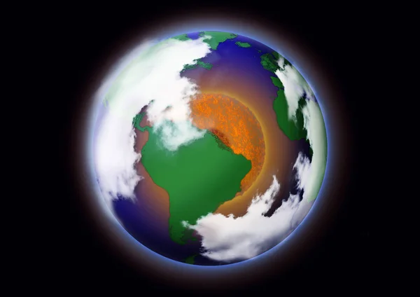 全球变暖概念。中间有红色圆圈的地球图片，以传达全球变暖产生的变暖. — 图库照片