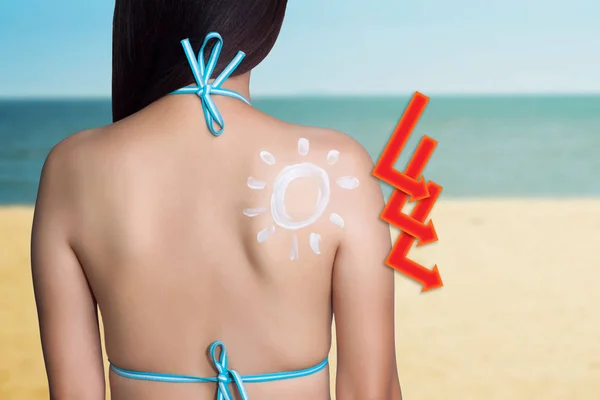 UV reflection skin after protection. Skin care concept. Woman applying sunscreen on her back with sea background. SPF sunblock protection concept. Travel vacation