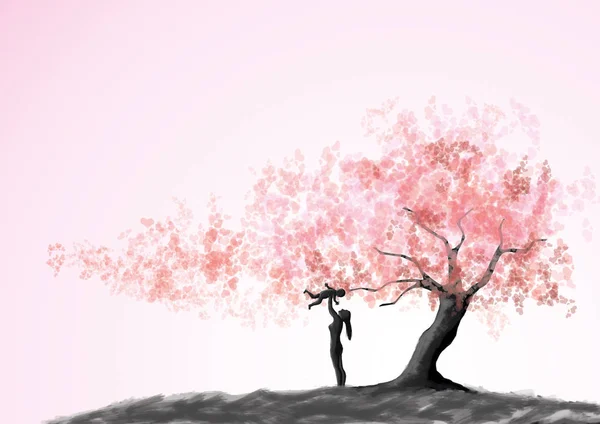 Glückliche liebende Familie. Mutter und Kind spielen unter dem Liebesbaum, Aquarell-Malstil. Muttertag Grußkarte Hintergrund — Stockfoto