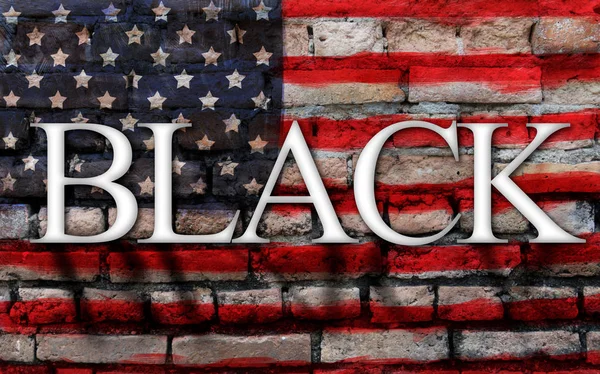 Word black on American flag, crack wall background — стоковое фото
