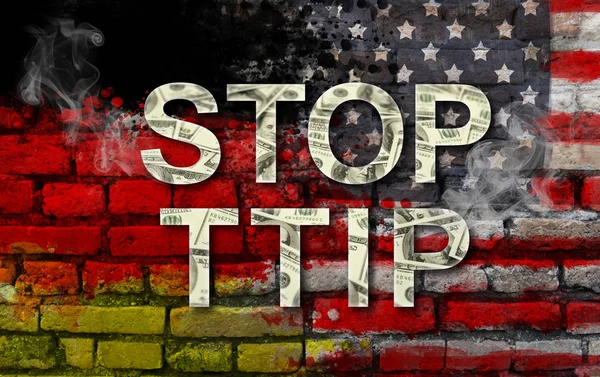 DETENER la ATCI - Asociación Transatlántica de Comercio e Inversión. Estados Unidos de América y Alemania banderas y texto de la ATCI — Foto de Stock