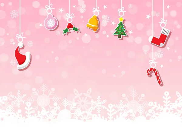 Verschiedene hängende Weihnachtsschmuck wie Christbaumkugel, Weihnachtsmann, Rentier, Engel, Herz, Geschenk und Weihnachtsbaum auf rosa Hintergrund mit Schneeflocke — Stockfoto