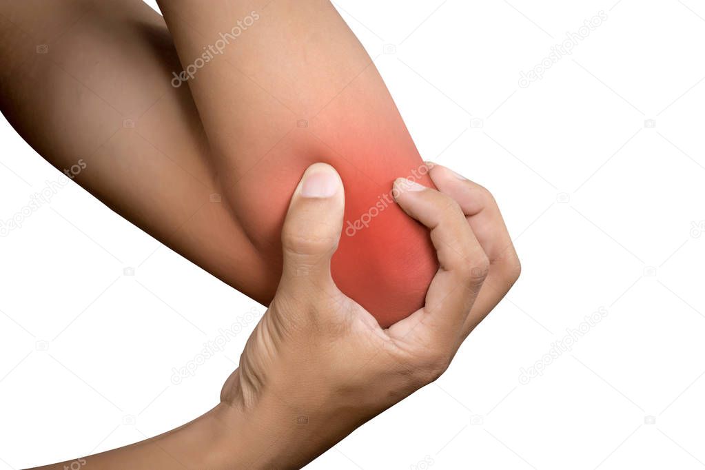 Woman suffering from chronic joint rheumatism. Elbow pain and treatment concept.