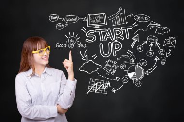 İş, başlangıç, sunum, strateji ve insan kavramı :Başlangıç iş kroki planı için grafik yaratıcı fikir ile Genç Asya iş kadını. 30'larında Asyalı kadın model 