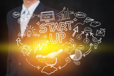 iş, başlangıç, sunum, strateji ve insan kavramı - iş adamı ışık etkisi ile elden başlangıç diyagramı skeç pop-up ile takım elbise