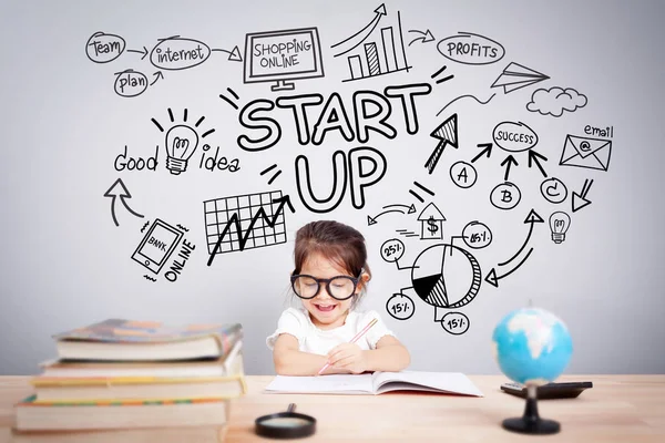 Easy business planner management concept : Portrait of a cute girl sitting on office desk with smiley face thinking with a business idea sketch depicted on whiteboard over head.