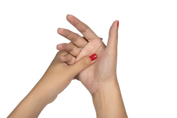 Woman hand finger with red nail. Hand trigger finger lock healthy concept white background — 스톡 사진