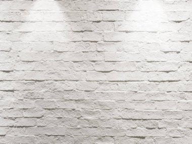 spot ışığı olarak üstte iki halojen lambalar ile soyut boş yıpranmış dokulu beyaz tuğla duvar arka plan