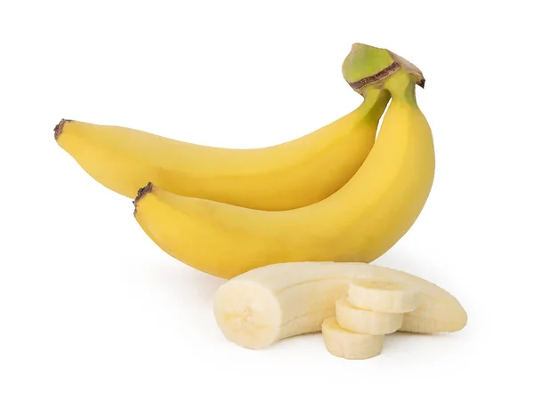 Monte de banana e banana fatia isolada no fundo branco com caminho de recorte — Fotografia de Stock