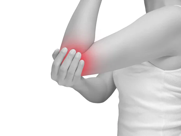 肘の痛みや関節の痛みに苦しむ女性モノトーンは白い背景に孤立した肘で強調表示されます医療や医療の概念は — ストック写真