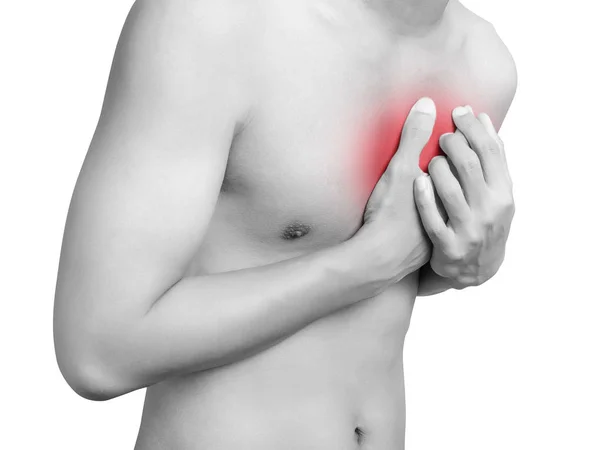 Homem com dor no peito, ataque cardíaco. tom mono destaque no peito isolado em fundo branco. conceito médico e de cuidados de saúde — Fotografia de Stock
