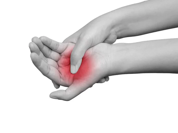 Kvinna som lider av smärta i handen. mono ton markera till hands isolerad på vit bakgrund. hälso- och sjukvårdskoncept — Stockfoto