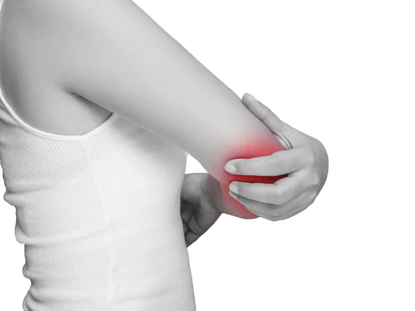 Kvinna som lider av armbåge smärta, växla smärta. mono ton höjdpunkt vid armbågen, växla isolerad på vit bakgrund. hälso- och sjukvårdskoncept — Stockfoto