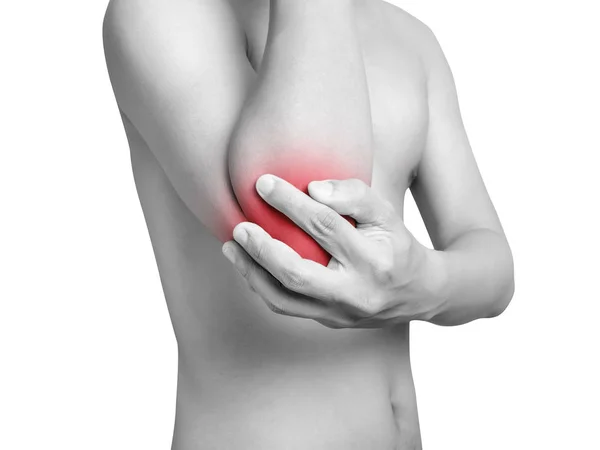 Άνθρωπος που υποφέρει από πόνο στον αγκώνα, πόνους αρθρώσεων. χρώμα μονοφωνικού τόνου με κόκκινο στον αγκώνα απομονώνεται σε λευκό φόντο. υγειονομική περίθαλψη και ιατρική αντίληψη — Φωτογραφία Αρχείου