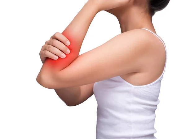 Kobieta cierpiąca na ból ramienia, ból mięśni ramienia. czerwony kolor podkreślają na ramieniu, mięśnie ramion izolowane na białym tle. opieki zdrowotnej i koncepcji medycznej. studio strzał — Zdjęcie stockowe