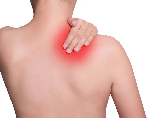 Woman suffering from neck pain, shoulder pain. red color highlight at neck and shoulder isolated on white background. health care and medical concept. studio shot — 스톡 사진