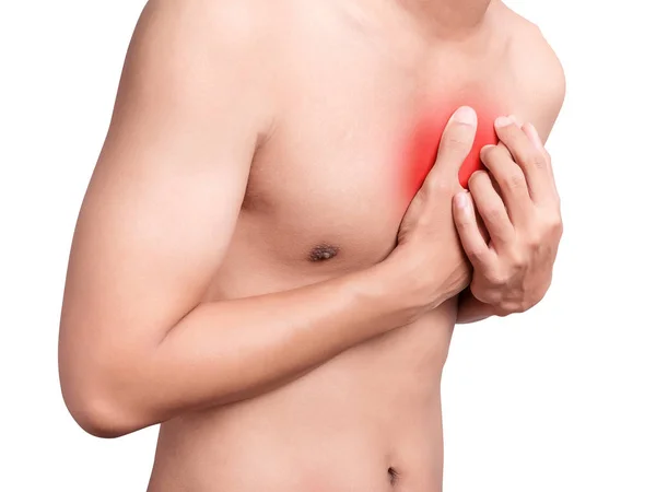 Hombre con dolor en el pecho, ataque al corazón. resalte de color rojo en el pecho aislado sobre fondo blanco. salud y concepto médico — Foto de Stock