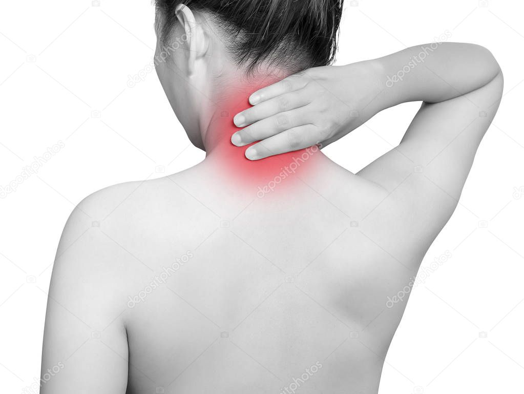 woman suffering from neck pain using hand massage painful neck and nape. mono tone color with red highlight at neck , neck muscles isolated on white background. health care ,medical concept. studio