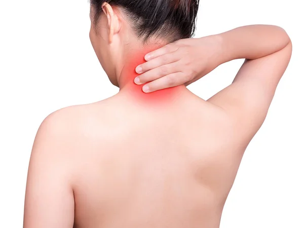 Woman suffering from neck pain using hand massage painful neck and nape. red color with red highlight at neck , neck muscles isolated on white background. health care ,medical concept. studio shot — Stock Photo, Image