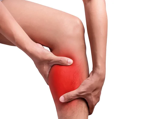 Man suffering from leg pain, calf pain. red color highlight at calf, leg isolated on white background. health care and medical concept — Stock Photo, Image