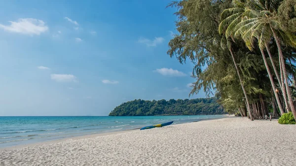 Paisagem de praia tropical agradável com coqueiros árvore. férias e férias de verão conceito . — Fotografia de Stock