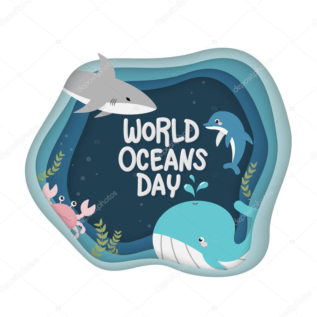 World Oceans Day. vector of marine life for celebration dedicated to help protect, and conserve world oceans, water, ecosystem and inform the public of the impact of human actions on the ocean
