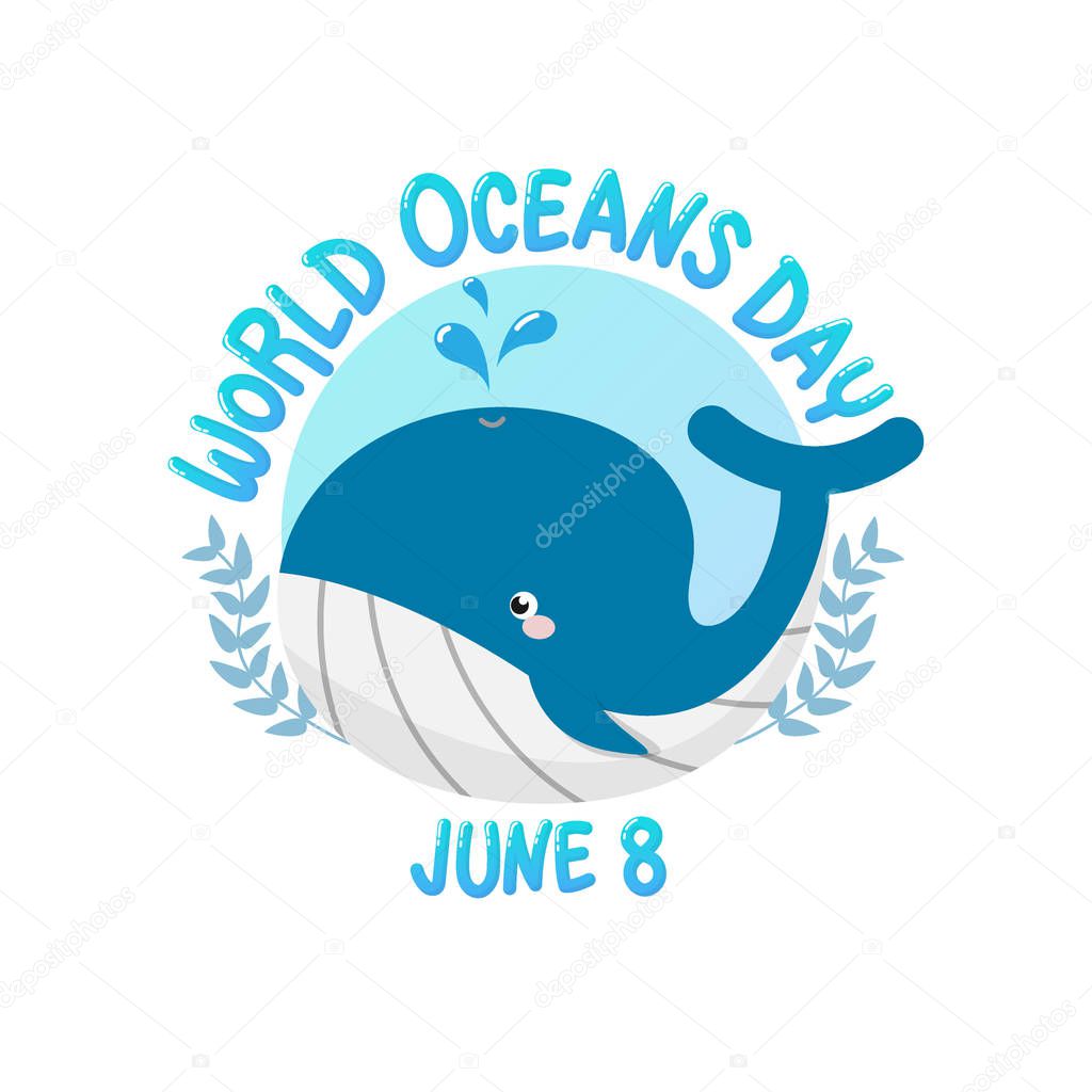 Vector of logo for world ocean day with whale spray water in circle.  world ocean day on June 8 for celebration dedicated to help protect, and conserve world oceans, water, ecosystem