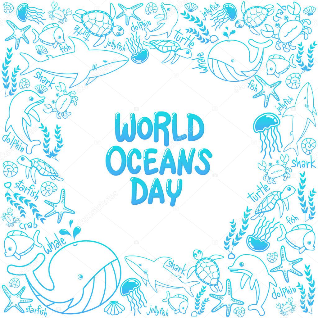 World Oceans Day. outline vector of marine life in the ocean with doodle style for celebration dedicated to help protect, and conserve world oceans, water, ecosystem